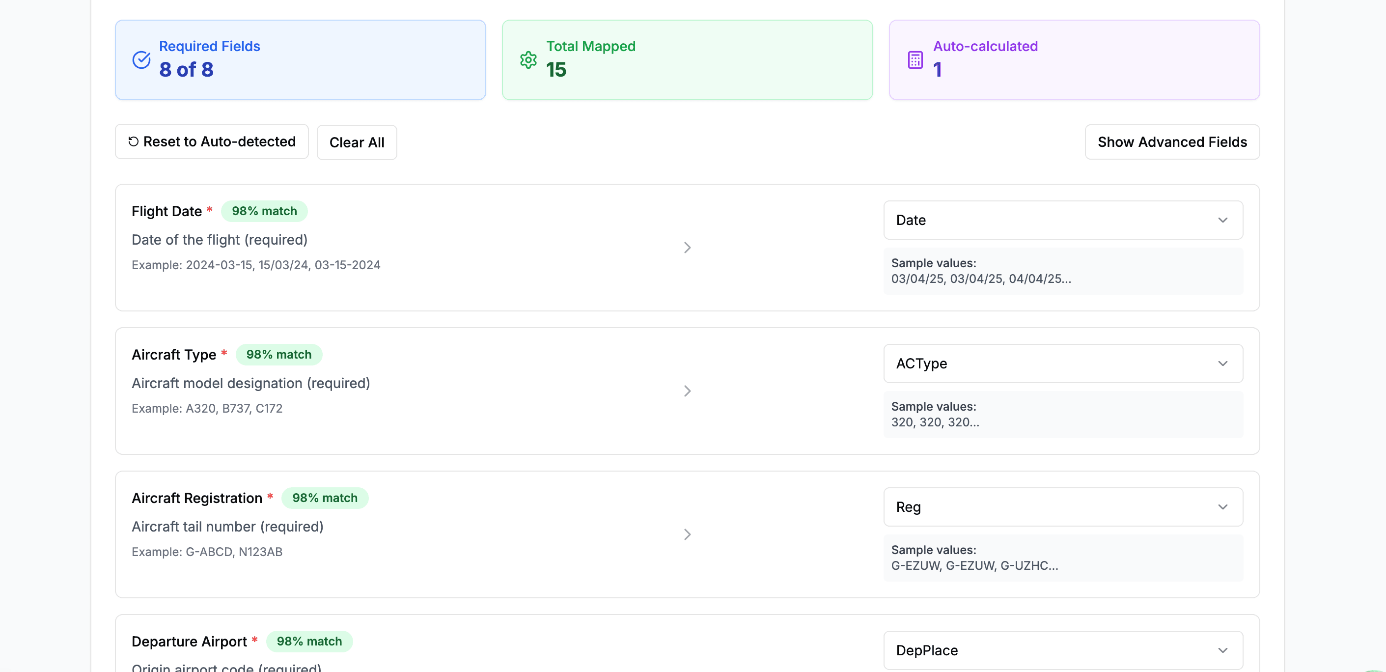 LogbookLite CSV import screen displaying automatic column mapping for airline roster data with aircraft type detection and duplicate prevention